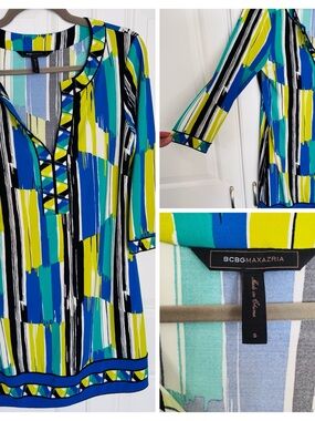 BCBGMaxAzria Multicolor Blue, Teal & Yellow Striped V-Neck Tunic